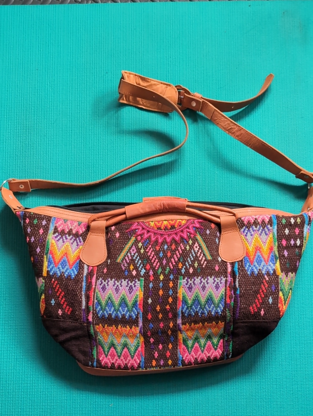 Handwoven Multicolor Guatemalan Tote Bag with Tan Leather Accents